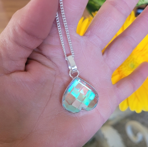 🩵Rainbow Quartz Heart Necklace Sterling Silver - Picture 2 of 5